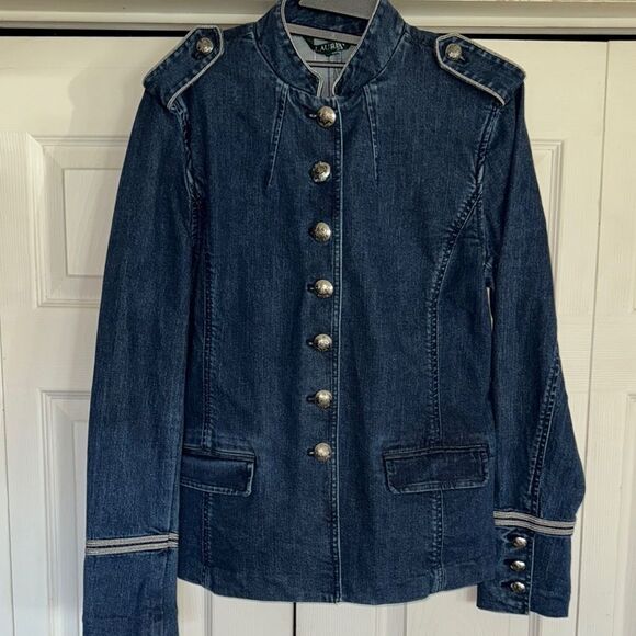 Lauren Ralph Lauren Denim Military Jacket Silver Metallic - Picture 2 of 9